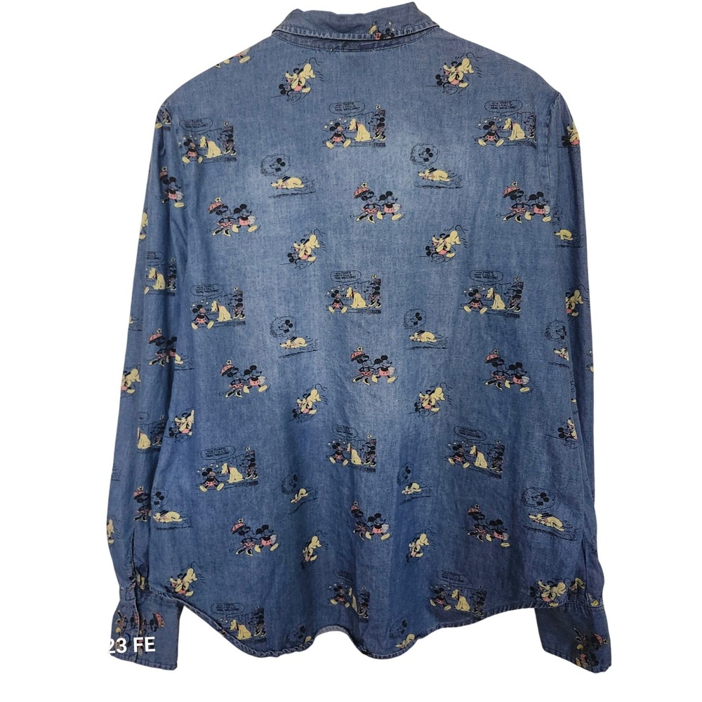 Disney Denim Button Down Shirt Womens Medium Blue Mickey Mouse Print Puff Sleeve - Picture 2 of 9